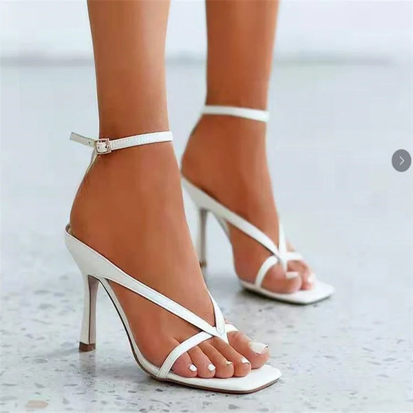Sandal Shoes Narrow Band Peep Toe Ankle Strap Thin Heels